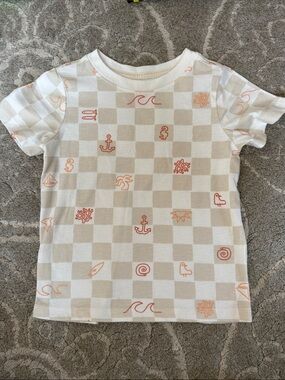Cat & Jack Cream Checkered Short Sleeve Tee with Coral Icons